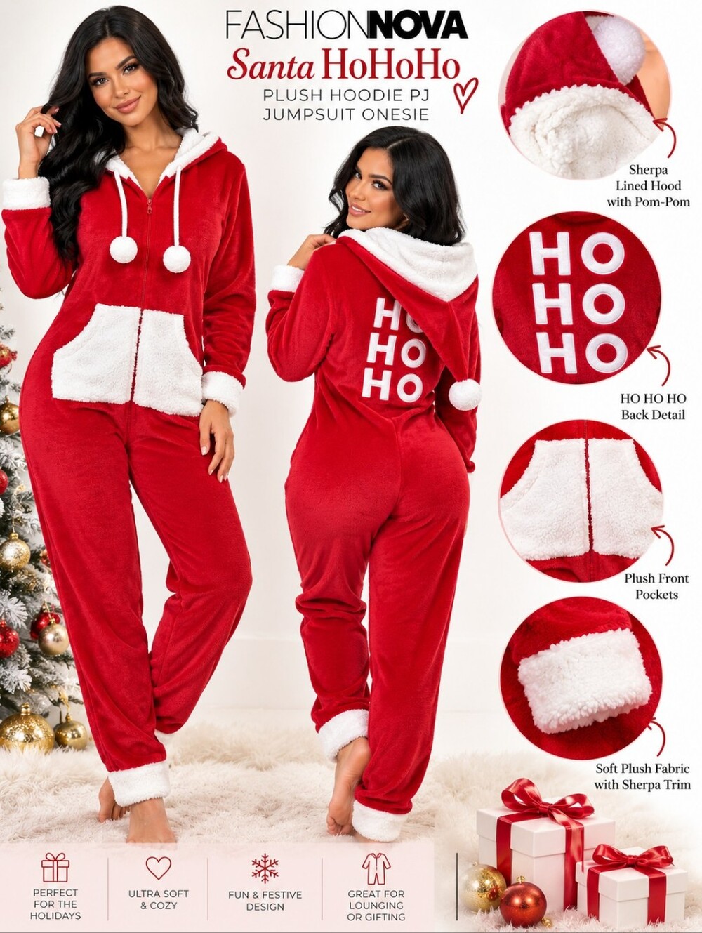 Fashion Nova Santa HoHoHo Plush Hoodie PJ Jumpsuit Onesie – XL – NWT